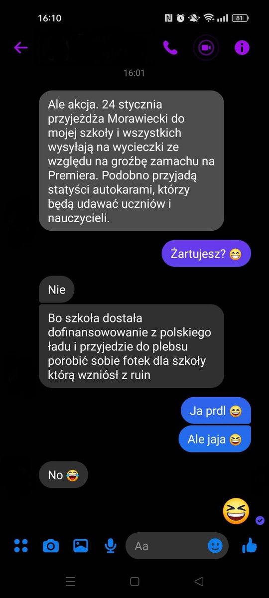 Mincewicz_W's tweet photo. 24 stycznia Mateusz Morawiecki odwiedzi jedną z podwarszawskich szkół. W związku z wizytą premiera uczniowie mają obowiązkowe wycieczki. Autokarami przyjadą statyści, aby nikt nie zakłócił przedstawienia.

P.S. To nie fejk. To niestety prawdziwa rozmowa i smutna rzeczywistość. https://t.co/JsK5GeZlt3