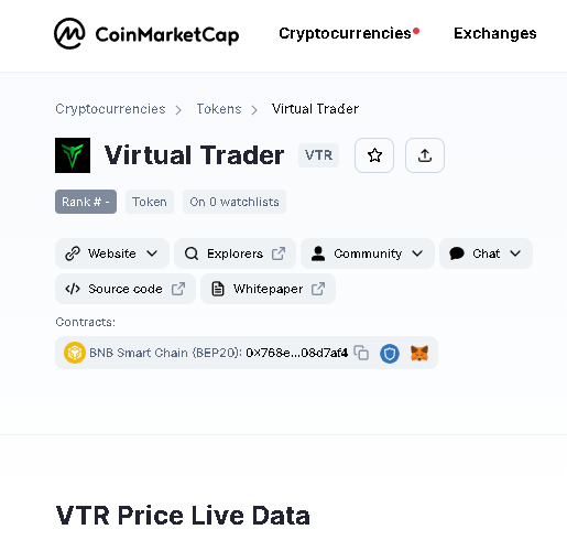 virtualtrader0's tweet photo. Listed On — Coin Market Cap📈✅
Our project was listed on the coin market cap, come check it out through the link below!
📌Link: https://t.co/5mwUca4rHF
#VirtualTrade #VTR #DeFiChain #Cex #Crypto #CoinMarketCap #Binance #CZBinance #nftphotography https://t.co/ZsmbqjK1x4