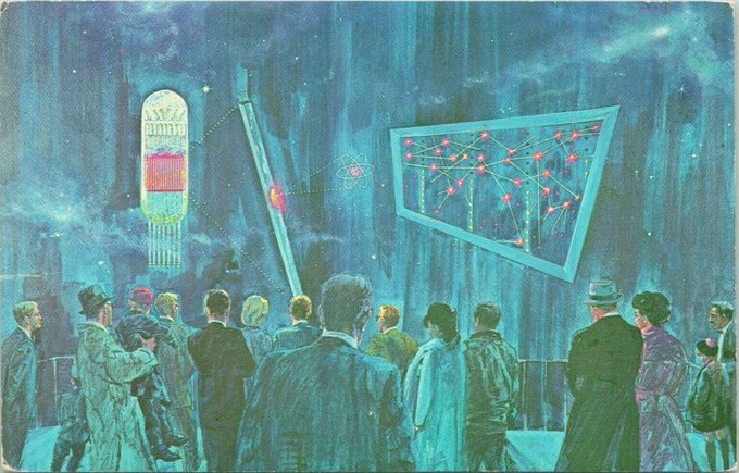 Image of the Fission Room. Shows a group of people looking at the various displays described. This is an illustration rather than a photograph. 