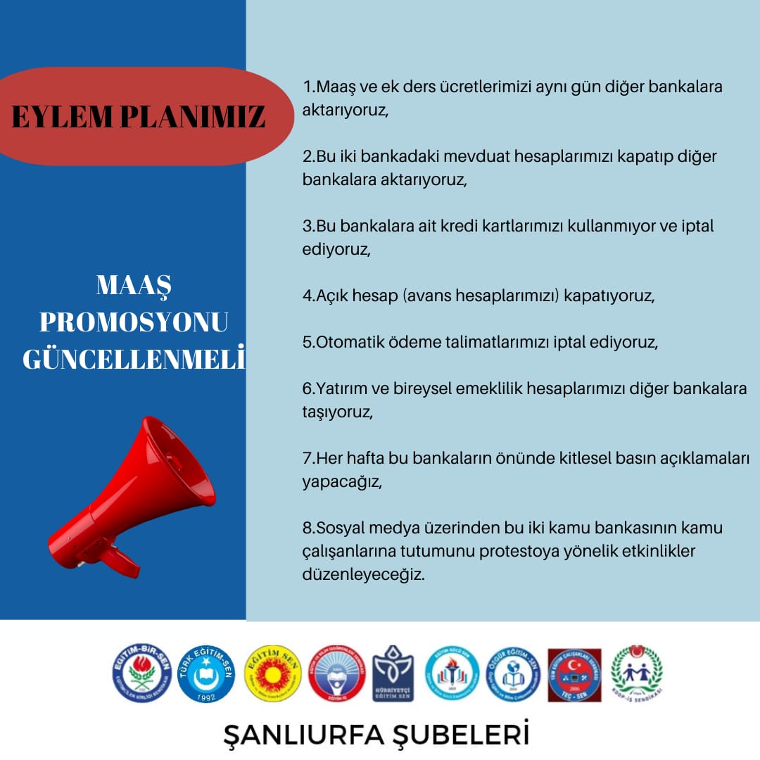 Halkbank ve Ziraat hesaplarımızın boşaltılması ilk uyarımızdır. Makul bir güncelleme teklifi gelmemesi  durumunda diğer eylemlerimiz hayata geçecektir.
 <a href="/RTErdogan/">Recep Tayyip Erdoğan</a>
 <a href="/tcbestepe/">T.C. Cumhurbaşkanlığı</a>
 <a href="/UrfaValiligi/">T.C. ŞANLIURFA VALİLİĞİ</a>
 <a href="/valisalihayhan/">Salih AYHAN</a>
 <a href="/Halkbank/">Halkbank</a>
 @ ziraatbankasi
 <a href="/tcmeb/">Millî Eğitim Bakanlığı</a>
#UrfaHalkZiraatPrmsynGnclle