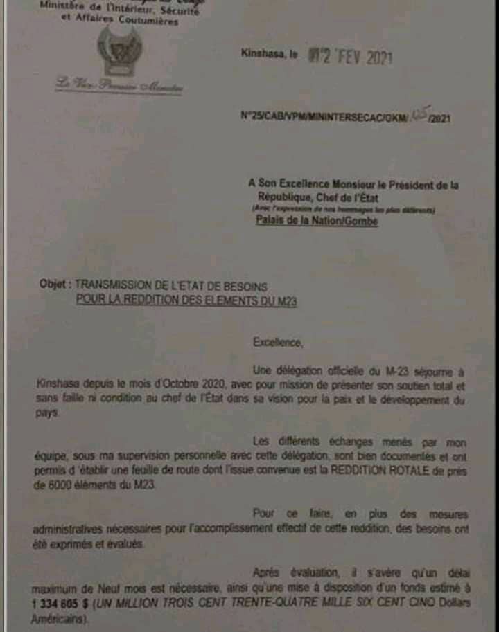 SeyGauthier11's tweet photo. Est-ce authentique cette correspondance de l'ancien VPM, ministre de l'intérieur, #Kankonde Gilbert adressée au chef de l'État, Félix TSHISEKEDI relative à la prise en charge de #M23 à Kinshasa au frais de l'État congolais soit +1,334 Millions $!
Besoin d'éclaircissement svp! https://t.co/0uSQbsh0wz