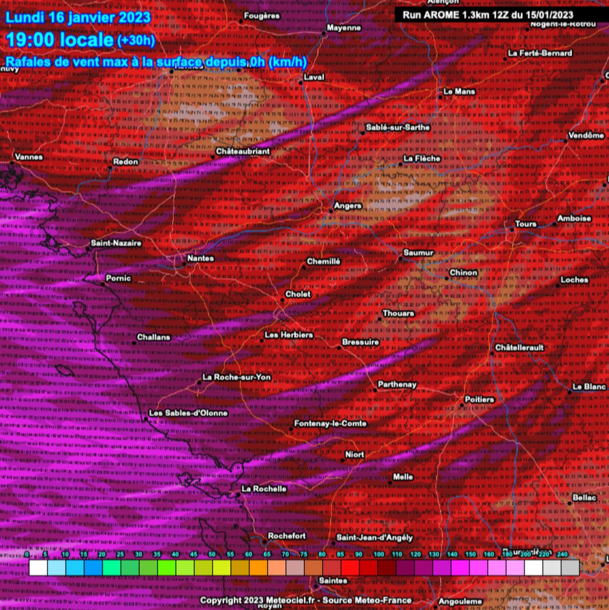 GJauseau's tweet image. Creusement rapide durant l'occlusion de la dépression #Gerard (perte de 15 hPa en 8h).⚠️Renforcement du jet en basse couche contribuant à la formation⛈️ d'averses #orageuses susceptibles d'engendrer des rafales convectives atteignant très localement 110-120km/h dans les terres.