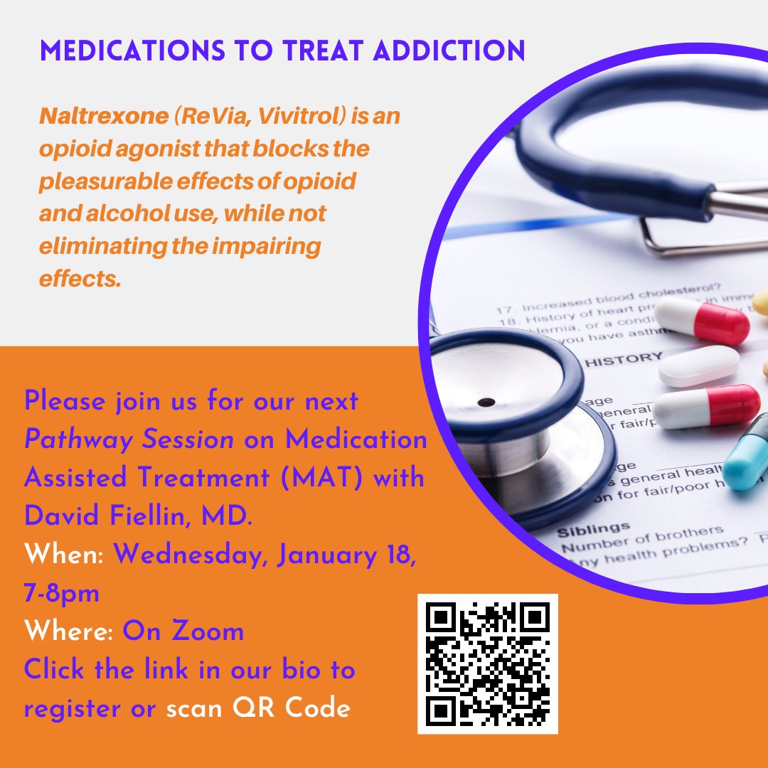 NCParentSupport's tweet image. We hope you'll join us for our January Pathway Session with David Fiellin, MD of @YaleMed for a discussion of evidence-based medicines to treat addiction. Thank you naltrexone, for assisting many in recovery. #medicationassistedtreatment #pathwaystorecovery