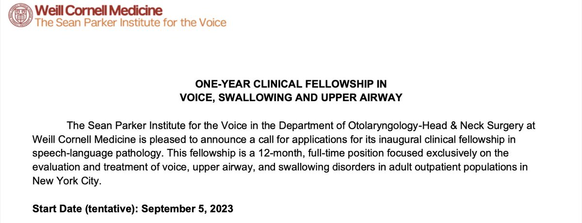 Are you an #SLP graduate student👨‍⚕️? Are you interested in pursuing a 12-month #medSLP clinical fellowship in #voice🎙️, #dysphagia 🗣️💨 and #research👨‍🔬🧐📚 in #NYC🍎? Then consider applying and joining our team <a href="/WeillCornellOto/">Weill Cornell Otolaryngology</a> <a href="/WeillCornell/">Weill Cornell Medicine</a>. See below for details!
