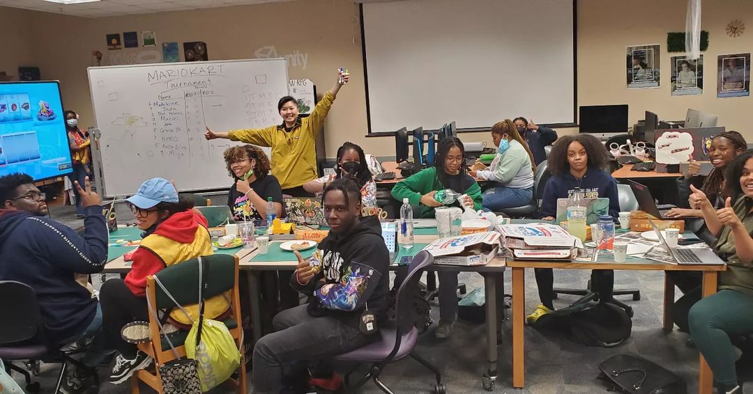 spelmanil's tweet photo. We got Jada Mason game testing her Gaming Fellowship project made in RPG Maker.

Below Jaycee Holmes and Elizabeth Nguyen hosting a game analysis session and Mario Kart Tournament.

Lastly, We got Winter Jones working out a prototype and some calculations for her rocket project! https://t.co/rxlBwa8oG8