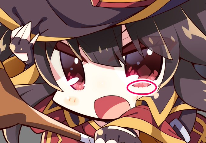 黒目の下部分を点々にする処理(1枚目)、これを何の表現なのかってのを少し前に考えていて
これまでは「黒目の下部分の線を軽くする処理」として扱ってたんだけどそうすると上目遣いとかの際に難が出ることが多かったので最近は下まつげの表現として扱うようにすることが多くなった(2枚目) 