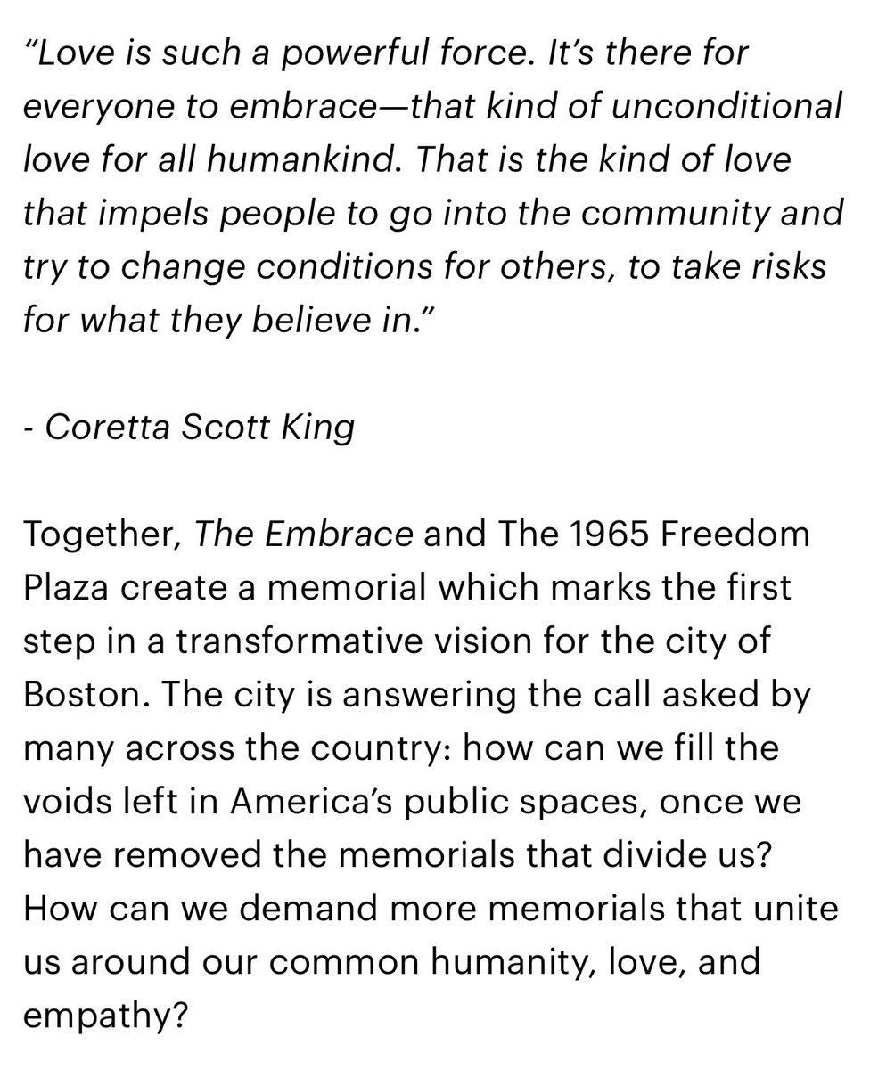 I know there have been a lot of opinions being shared about this sculpture. I strongly encourage you to read this description of The Embrace from the co-collaborators MASS Design Group along with an overview of the process. massdesigngroup.org/work/design/em…
