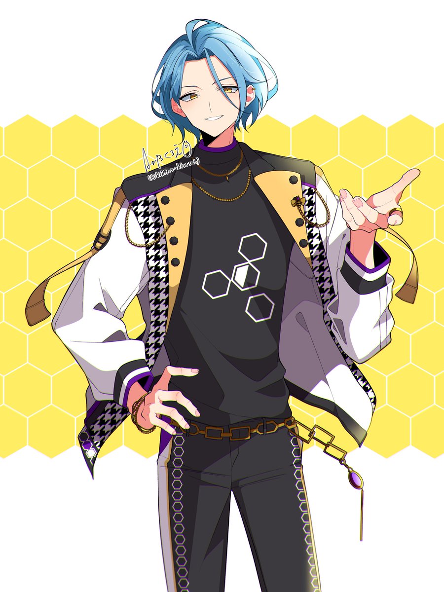 1boy male focus blue hair jacket solo yellow eyes pants  illustration images