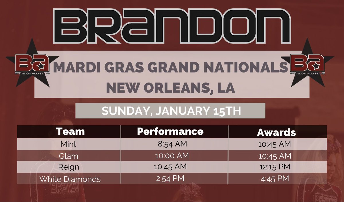 BA_WesleyChapel's tweet photo. It’s day 2 of Mardi Gras Grand Nationals here in New Orleans, LA!  We can’t wait to rock the house and finish #BAstrong today!

😍🅱️🅰️💪 #BrandonAllstars #BAWesleyChapel #KnowOurName #BAFamily #Year28 #BrandonStrong https://t.co/Y0L4irEWp1