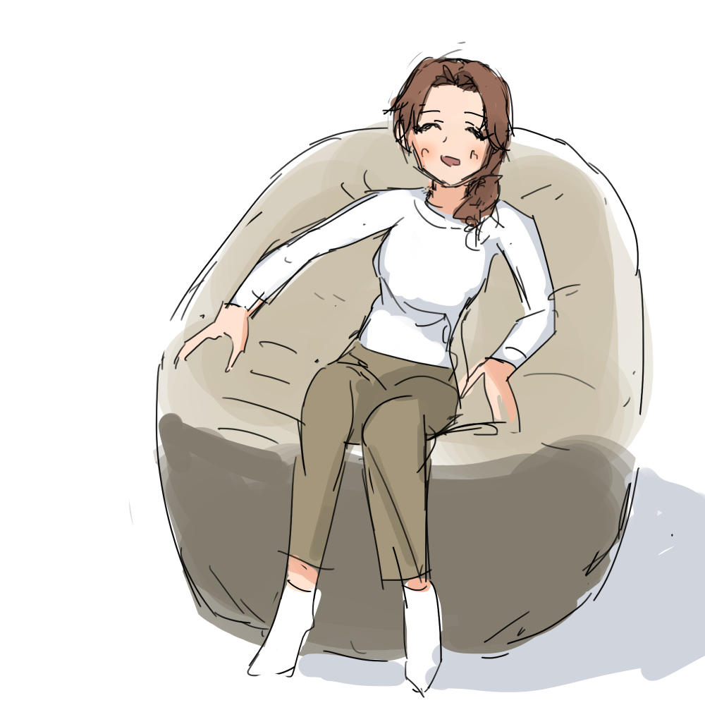 1girl solo brown hair bean bag chair closed eyes pants white background  illustration images