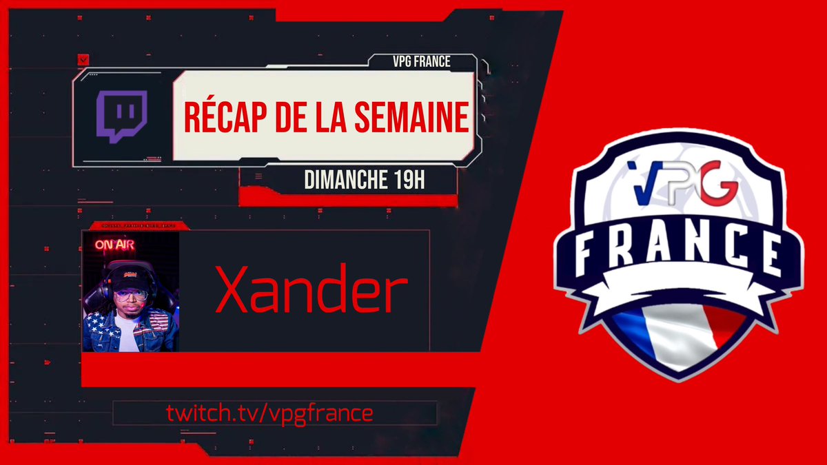 Rendez-vous ce soir avec XANDER ! 🫡

Pour nous résumer notre semaine en VPG FR et aussi pour la CDM équipe de France ! 🔥🇫🇷

-Resume de la semaine 💫

-Classement de toutes les ligues 💫

-Resume équipe de France 💫

N’hésitez pas à venir soutenir !! 👊🏻

twitch.tv/vpgfrancetv