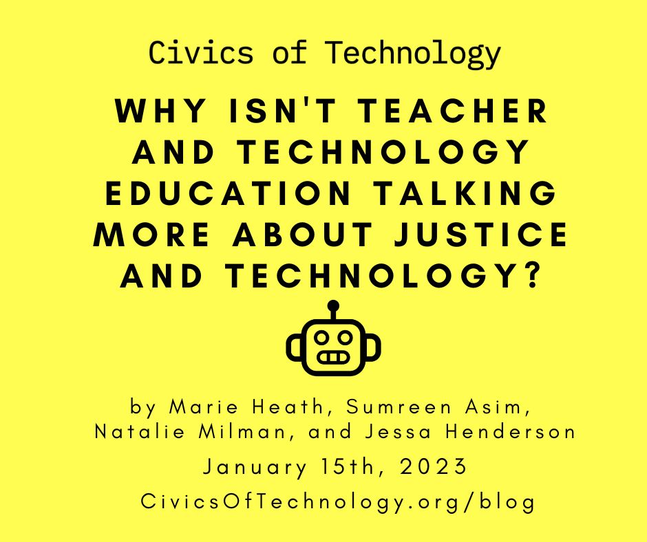 🤖NEW BLOG🤖 @mariekheath <a href="/DrSumreen_STEM/">Dr. Sumreen Asim 👩🏽‍🏫🧪💻</a>  <a href="/nataliebmilman/">Natalie B. Milman, Ph.D.</a>  <a href="/JessaEdTech/">Jessa Henderson, Ph.D.</a> discuss their recent article which aims to draw attention to forms of coded inequity in teacher and technology education. civicsoftechnology.org/blog/why-isnt-…