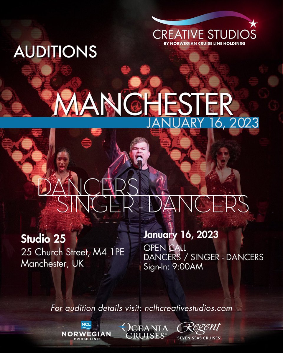 OPEN AUDITION! MONDAY, 16th JANUARY! MANCHESTER! For full details head to nclhcreativestudios.com/auditionlistin… We can’t wait to meet you! #ncl #auditions #manchester #dancer #singer #cruiselife #livingthedream