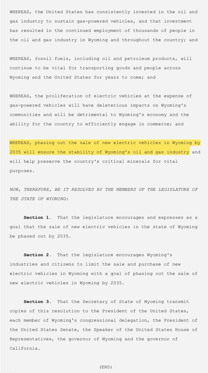 davenewworld_2's tweet photo. There's a new bill in Wyoming to phase out the sales of electric vehicles by 2035 to "ensure the stability" of their state's oil and gas industry. This is so embarrassing. https://t.co/Qrvj0YMPOJ