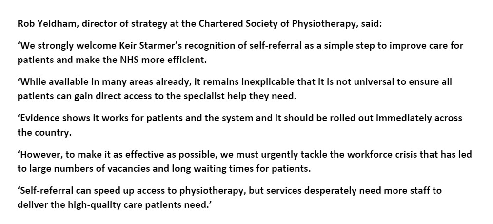 Chartered Society of Physiotherapy (CSP) (@thecsp) on Twitter photo Our response to proposals by <a href="/Keir_Starmer/">Keir Starmer</a> to improve access to self-referral across the NHS. Our response to proposals by <a href="/Keir_Starmer/">Keir Starmer</a> to improve access to self-referral across the NHS.