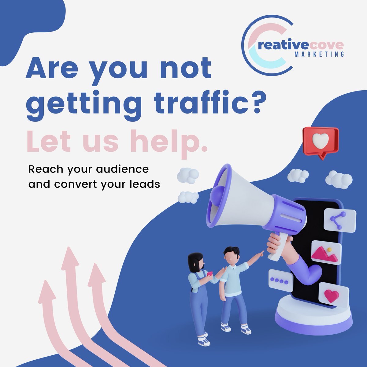 Are you not getting traffic?
Let us help.
Reach your audience and convert your leads. 

Visit us @ creativecovemarketing.com 
Call Us Now at (435) 705-4181

#BusinessCard #Webdesign #Ads #SEO #RackCard 
#GraphicDesigners #BrandingIdentity