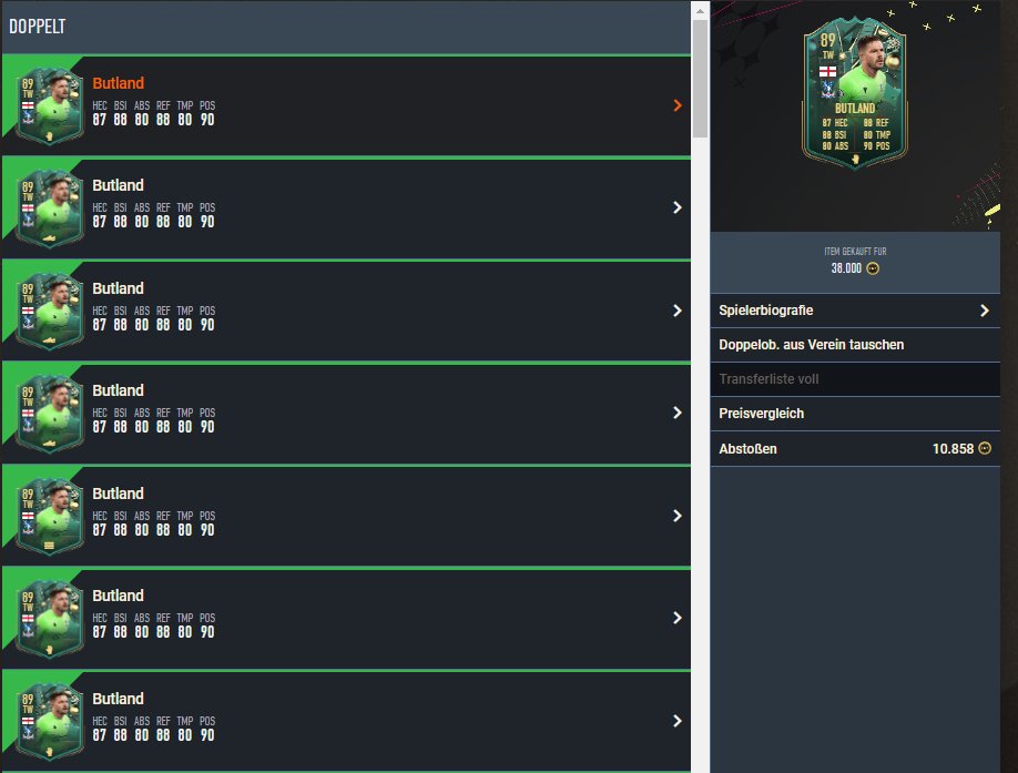 futflipper's tweet photo. Eigentlich gar kein Bock mehr auf Fifa. 
Daher bin ich vor 2 Wochen mal all in in Butland WW gegangen bis max 38k (für 9 Mio) 

Wird iwas bei 4 Mio Gewinn sein. Für passives Trading recht nice :) https://t.co/eDRZEPNP8L