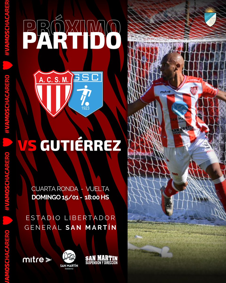 🏆 TORNEO REGIONAL 4ta fase-VUELTA
⚽ San Martín 🔴⚪🔴 VS Gutierrez 🔵🔵🔵
🗓️ Domingo 15/1
⏱️ 18hs
🏟️ Estadio Libertador General San Martín 
#VamosChacarero
