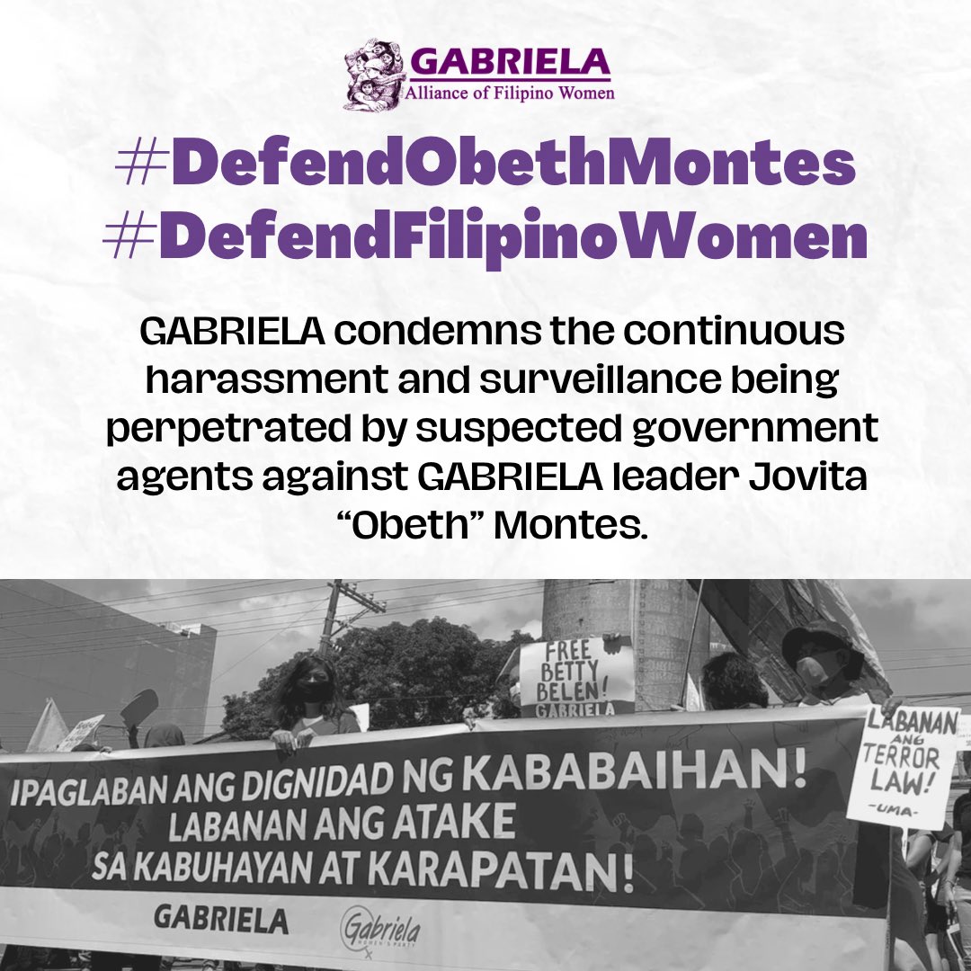 gabrielaphils's tweet photo. GABRIELA condemns the continuous harassment and surveillance being perpetrated by suspected government agents  against GABRIELA leader Jovita "Obeth" Montes. 

#DefendObethMontes
#DefendFilipinoWomen https://t.co/ll4f2t8AwM