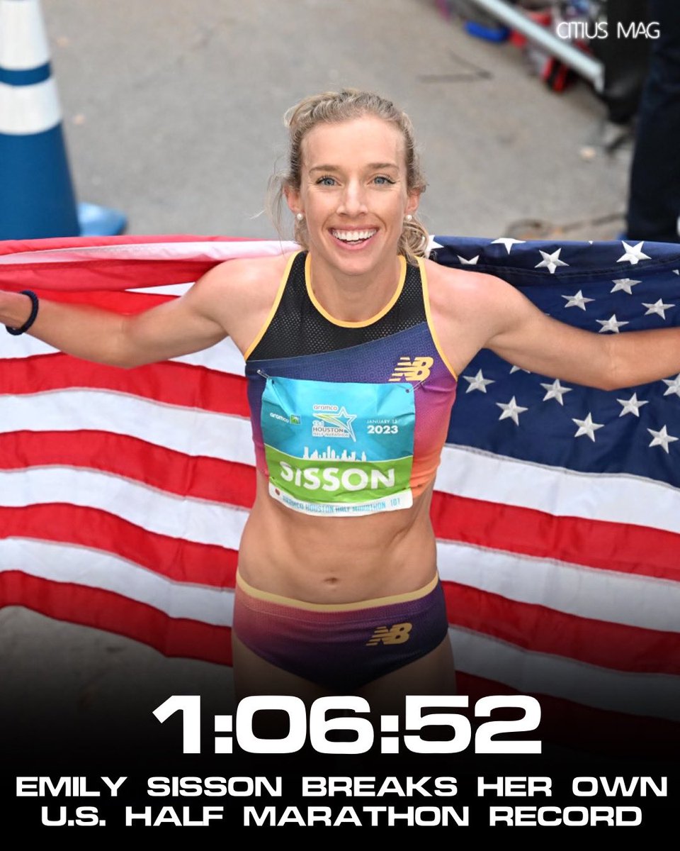 Sub-67 ‼️‼️‼️
 
<a href="/Em_Sisson/">Emily Sisson</a> shatters her own American half marathon record at the 2023 <a href="/HoustonMarathon/">Houston Marathon</a>, running 66:52 for 2nd place.
 
Sisson now has the #1, #2, #5, and #6 marks on the U.S. half marathon all-time list.