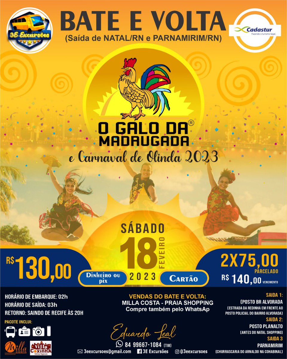 3eExcursoes's tweet photo. EXCURSÃO BATE E VOLTA CARNAVAL GALO DA MADRUGADA e OLINDA 2023 🎭🎉🐓
(Saída de NATAL e PARNAMIRIM/RN)🚍
#GaloDaMadrugada #Carnaval #Olinda #Recife https://t.co/HJ94ZHwc0T