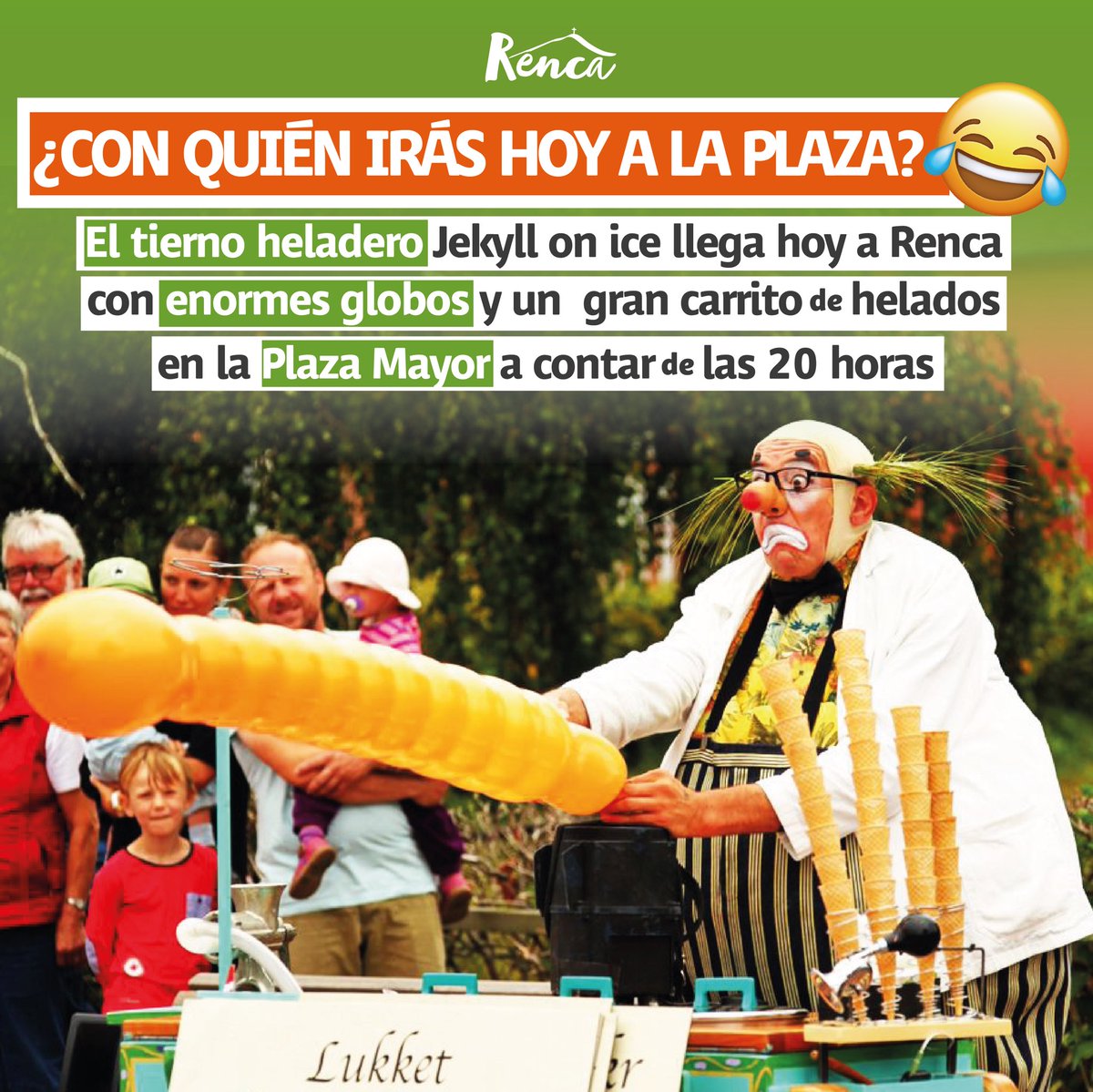 Muni_Renca's tweet photo. ¿Con quién irás? 👀🤭 Esta tarde disfruta todo el humor del tierno heladero 🍦 JEKYLL ON ICE, un espectáculo familiar de #StgoAMil lleno de humor, globos enormes y una encantadora carretilla de helados. ¡Panorama cultural totalmente gratuito que se presentará a las 🕞 20 horas! https://t.co/u3eZ4L9chb