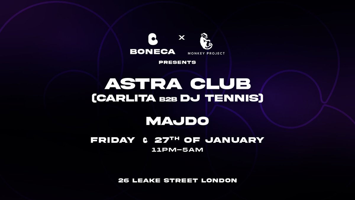 BonecaLondon's tweet image. January 27th… We are back at the unique &amp;amp; iconic Leake Street Tunnel in #London! 🎶🎧

Super excited to present you ‘Astra Club’, (@dj_tennis B2B @Carlita__Music) for the first time in the UK in collaboration with Monkey Project!

Tickets: linktr.ee/bonecalondon