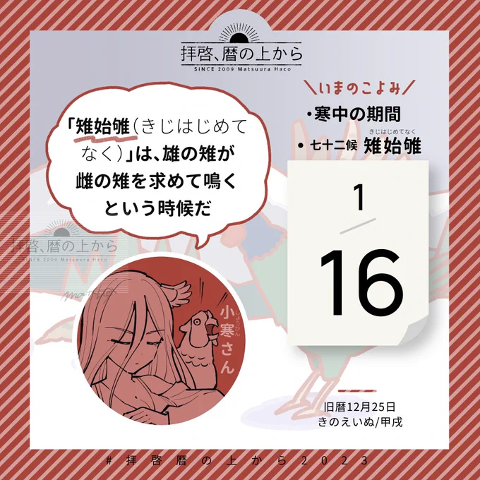 🗓1月16日(月)
🗒旧暦12月25日・甲戌・きのえいぬ

七十二候は1月15日より、小寒の末候(三つ目)・「雉始雊(きじはじめてなく)」に入っています。
「雊」という漢字が見慣れませんが、これ一字で「オスのキジが鳴く」という意味なのだとか!

#拝啓暦の上から2023 