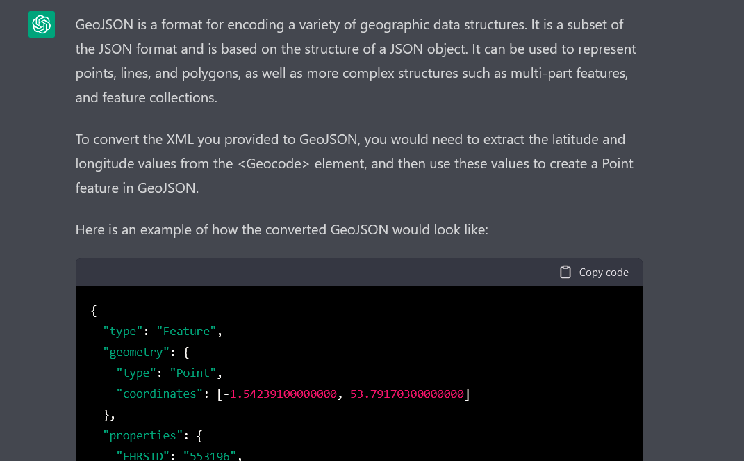 burdGIS's tweet photo. Having fun with #ChatGPT in a #GIS context. ##ChatGeoPT? 

#gischat https://t.co/1cT6s2GSwe
