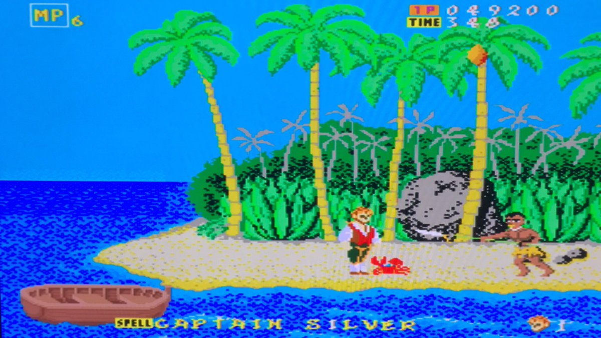 sekiro_51's tweet photo. キャプテンシルバー3面🏴‍☠️島に着いたらいよいよサイクロプス戦か🏝ん?いない?と思ったら○人が攻めてきた⁈マークⅢ版と違う!😲もう○人の島に到達してる🤔サイクロプスや洞窟ステージやブレスドラゴンはセガがMkⅢに移植の際に追加したもので原作には無かったってことか?😅
 #CaptainSilver  #DataEast https://t.co/4BLMWMV5r7
