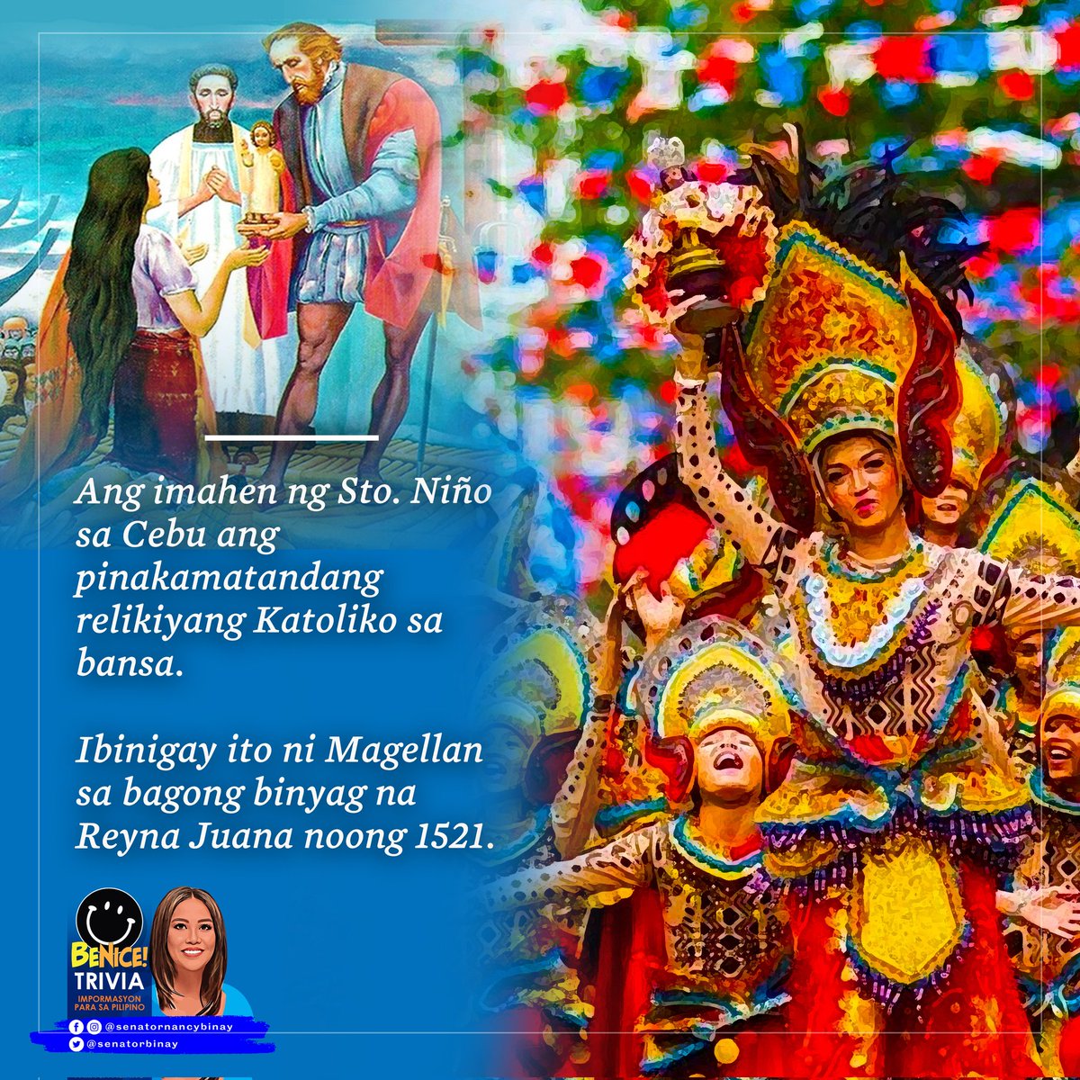 Ang imahen ng Sto. Niño sa Cebu ang pinakamatandang relikiyang Katoliko sa bansa.

Ibinigay ito ni Magellan sa bagong binyag na Reyna Juana noong 1521.

#Sinulog2023