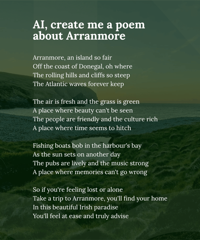 AI write me a poem about Arranmore...
#seoarainnmhor #app #ai