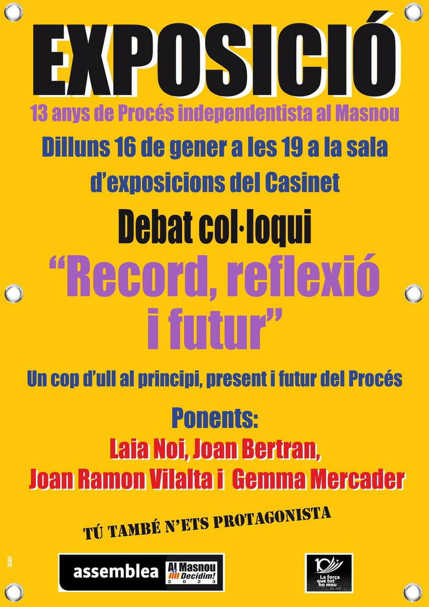 Demà dilluns no us podeu perdre aquesta activitat que es farà dins la sala de l'Exposició al Casinet del  #Masnou
<a href="/assemblea/">Assemblea Nacional Catalana</a> 
<a href="/MaresmexIndep/">MaresmexIndep</a> 
<a href="/elmasnou_cat/">Ajuntament del Masnou</a> 
<a href="/gemmamercader/">Gemma Mercader🎗#HoAcabaremDeFer</a> 
<a href="/LaiaNoy/">Laia Noy</a> 
Joan Ramon Vilalta
Joan Bertràn