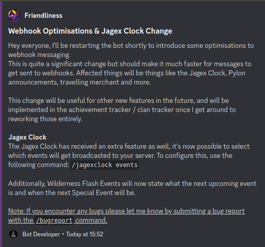 _Friendliness's tweet photo. Hey everyone, I've added a lot of optimisations to some of Friendlybot's features and added some configurability to the Jagex Clock.

As always you can be notified of updates or find help in my server: https://t.co/lpQ9MQjWP2

The changes are listed below. https://t.co/OZHZuCDdLM