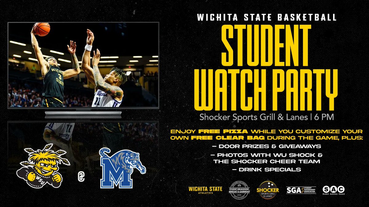 Interest in sports, free pizza, spirit gear, and a chance to win great prizes like court-side seats!? Join us at the Shocker Grill &amp; Lanes to cheer on the Wichita State men's basketball team as they play against Memphis! 😄
.
.
.
#wichitastate #basketball