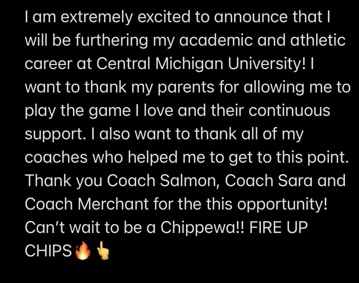ChloeParker2024's tweet photo. Thank you @McCallSalmon @saradriesenga10 @BrittiniK24 for this opportunity to continue playing the sport I love @CMUSoftball 🔥👆FIRE UP!! Cannot wait to be a Chippewa 💛❤️ @INBombers06 https://t.co/ufDuXloNYs