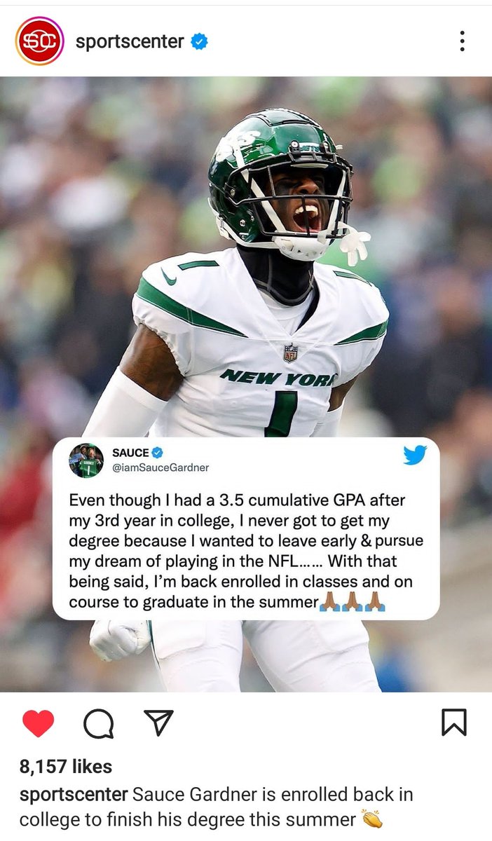 Get that education boys! Salute to Sauce Gardner. This is great example for young STUDENT athletes!
