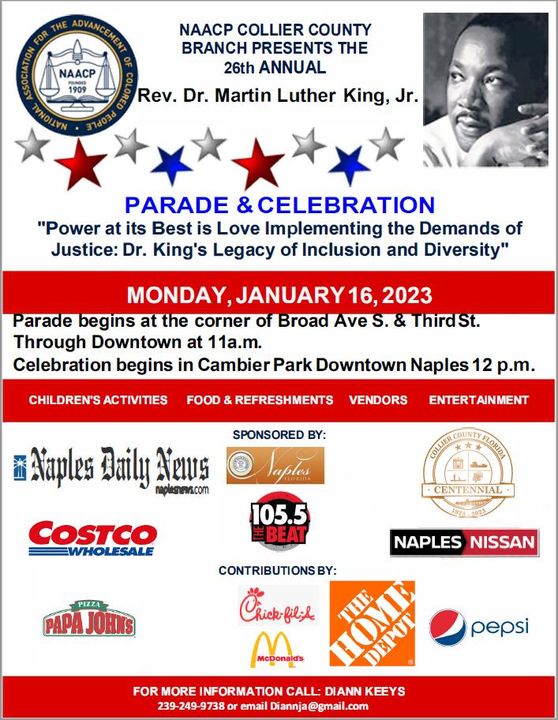 CollierGov's tweet photo. Join NAACP #CollierCounty for the 26th annual Rev. Dr. Martin Luther King, Jr. Parade and Celebration!

The parade begins at 11 AM at the corner of Broad Ave. &amp; Third St. and the celebration beginning at noon at Cambier Park #MLKDay2023 https://t.co/7xbaj5VoGy