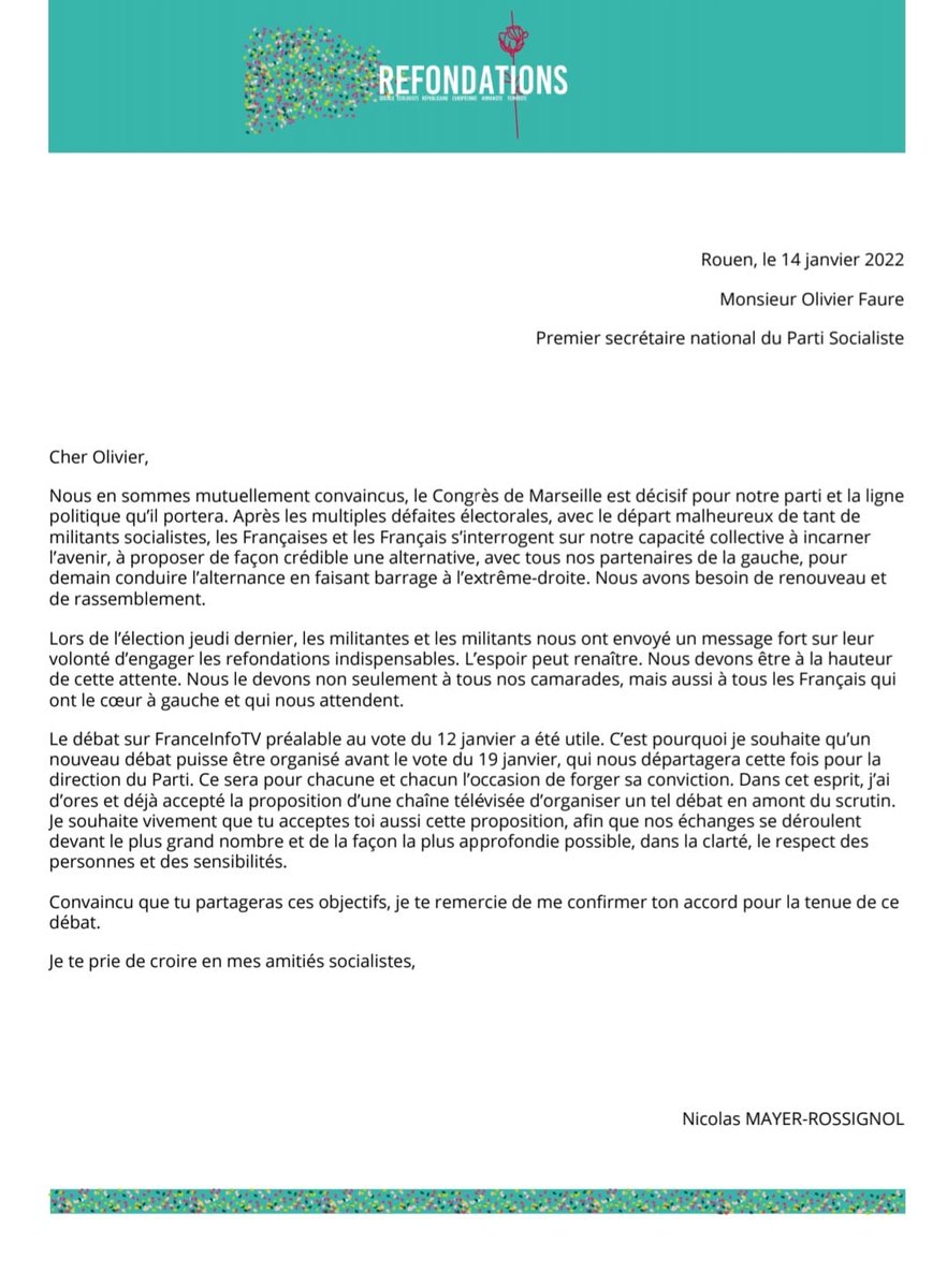 Nicolas Mayer-Rossignol (@nicolasmayernmr) on Twitter photo Les militant(e)s socialistes méritent et demandent des débats de fond. J’ai accepté la proposition d’une chaîne TV d’organiser un tel débat avec <a href="/faureolivier/">Olivier Faure</a>, avant le vote jeudi. Je souhaite qu'il accepte également, dans la clarté, le respect des personnes et des sensibilités. Les militant(e)s socialistes méritent et demandent des débats de fond. J’ai accepté la proposition d’une chaîne TV d’organiser un tel débat avec <a href="/faureolivier/">Olivier Faure</a>, avant le vote jeudi. Je souhaite qu'il accepte également, dans la clarté, le respect des personnes et des sensibilités.