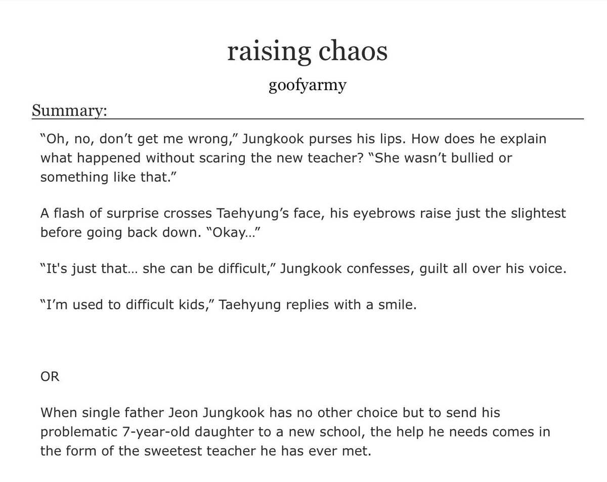⁎ raising chaos ⁎ | part of <a href="/TaekookspFest/">taekook single parent fest - reveals</a>

chapter 3 - taming chaos: archiveofourown.org/works/43032789…

#taekookau