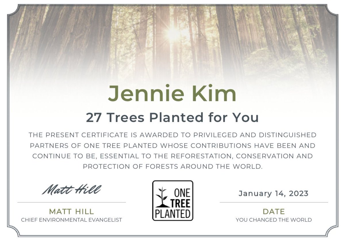 [BIRTHDAY PROJECT 2]

As Jennie turned 27 today, we gifted 27 trees on behalf of her name to be planted by @onetreeplanted. These trees will be planted as part of TerraFund’s support for AFR100.

JENNIE RUBY JANE DAY
#TheIconJENNIEDay
#오늘생일인_걔가_나야_제니