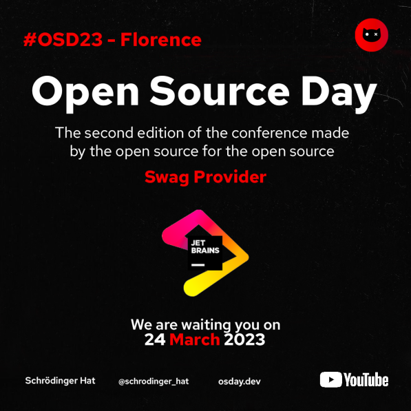 schrodinger_hat's tweet photo. 🚀 SWAG PARTNER ANNOUNCEMENT

We're excited to announce JetBrains as our official partner for the upcoming #OSD23!

Have you always wanted to try JetBrains IDEs? During the event we'll be distributing 5 free JetBrains licenses for 1 year 🏆

#opensource #osday #event #conference https://t.co/3Eowi9xdhw