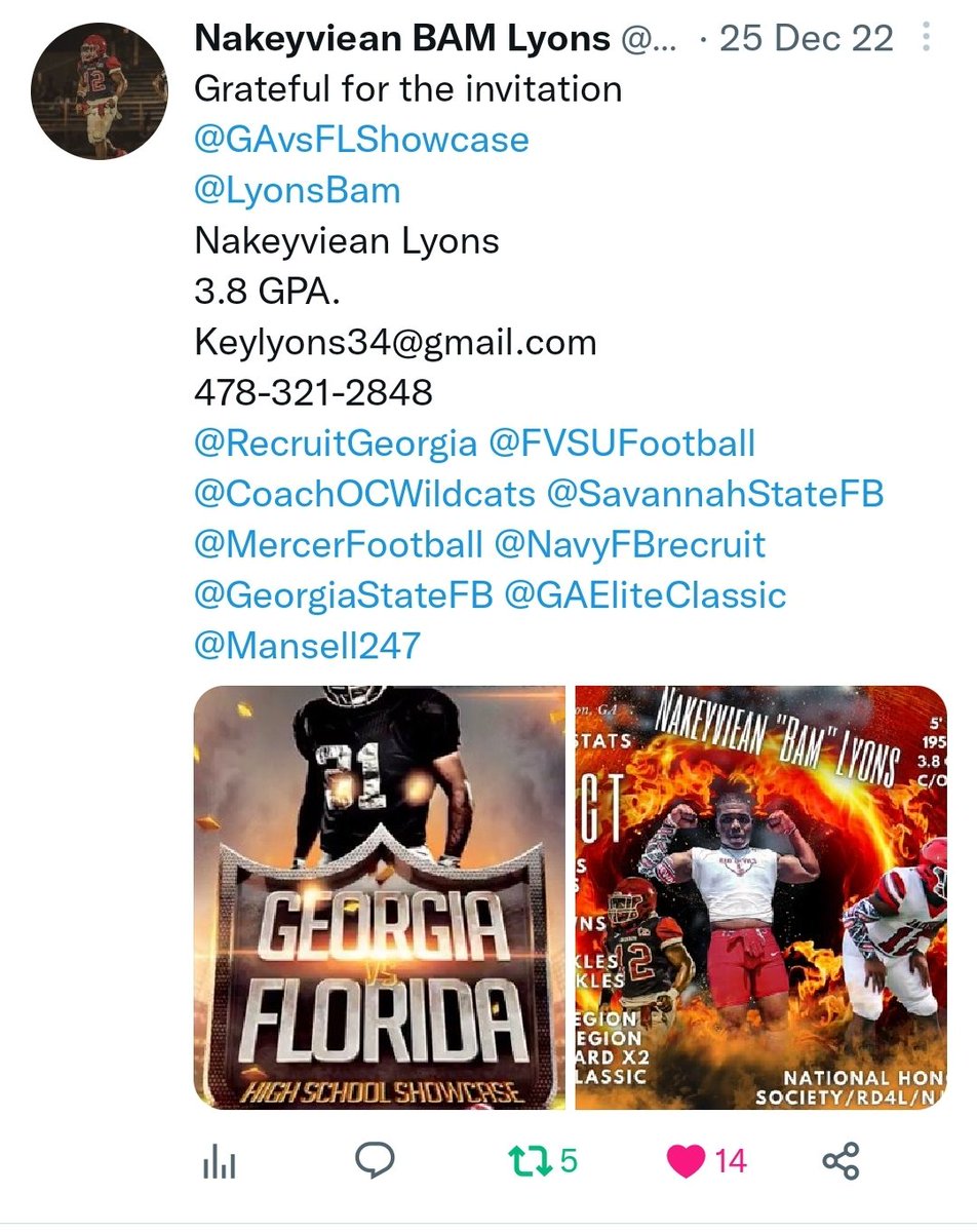 #12 Team Georgia Blue Jersey <a href="/LyonsBam/">Nakeyviean BAM Lyons</a> 
Tune in today at 12noon to catch the5th Annual Georgiavs Florida HS Showcase <a href="/GAvsFLShowcase/">Georgia vs Florida Showcase</a> on <a href="/SUVtv/">SUVtv</a> &amp; HBCU League Pass Plus <a href="/HBCU_Plus/">HBCU+</a> 
<a href="/HBCUGameday/">HBCU Gameday</a> <a href="/HBCUSports1/">HBCU Premier Sports & More</a> <a href="/InsideHBCUFball/">BJ Jones</a> <a href="/HBCUBuzz/">HBCU Buzz</a> <a href="/TheYardHBCU/">The Yard HBCU Sports</a> <a href="/stevenjgaither/">HBCU Media Wizard</a> <a href="/yardtalkhbcu/">yardtalkhbcu</a>