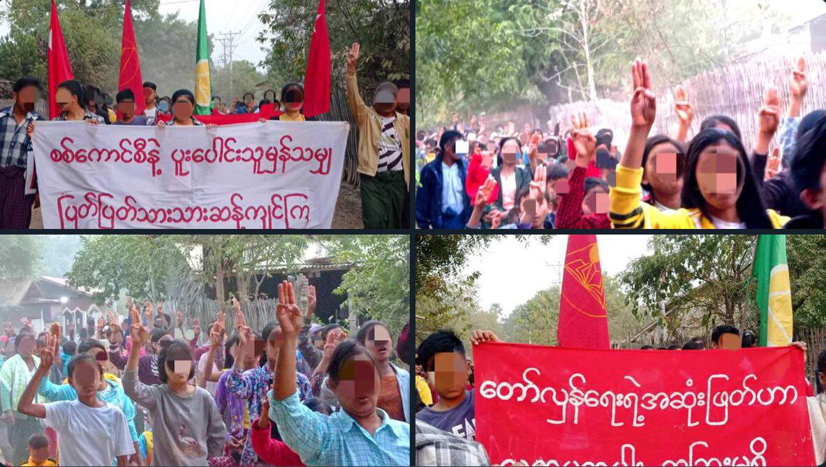 YanAungNoe1's tweet photo. The Basic Education General Strike Committee &amp; residents of Myaing township united to express solidarity against terrorists regime today.  #2023Jan15Coup #OpposeAntiShamElection #WhatsHappeningInMyanmar https://t.co/0nPde1vPbb