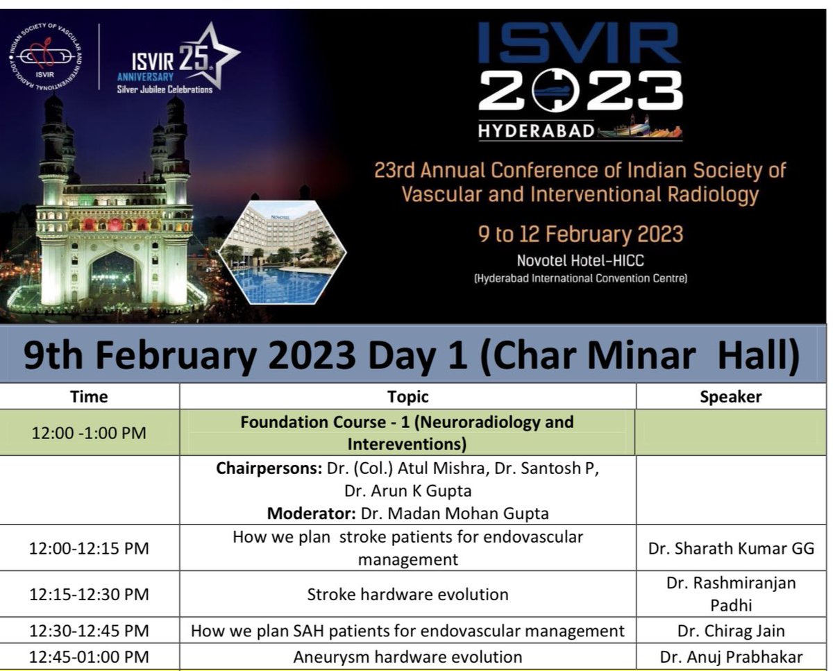 vikasbhatiapgi's tweet photo. Looking forward to the ISVIR 2023 at Hyderabad..Excellent Neurointervention program and workshops @SharathKumarGG7 @sarbesh1984 @DrNirmalyaRay @ChiragIR @DrVipulGupta25 @drgauravgoel27 @ISVIRIndia @isnr_in @DrAjityadav #interventionradiology #neuroradiology https://t.co/raB7eCwQ4L