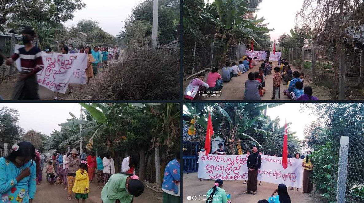 YanAungNoe1's tweet photo. In Shweyekyi village, Yinmarbin township , a protest went on to oppose military dictatorship today.  #2023Jan15Coup #OpposeAntiShamElection #WhatsHappeningInMyanmar https://t.co/rU70emdZew