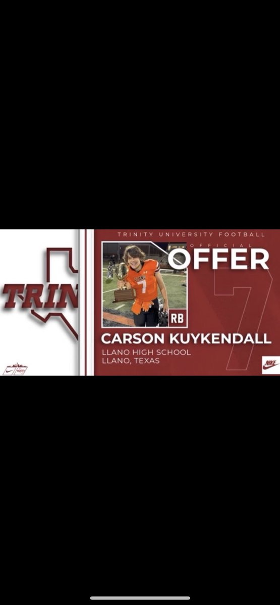 After an amazing visit I am blessed to have received an offer from Trinity University. Such an amazing staff and facility! #BeTheStandard
<a href="/JerhemeUrban83/">Jerheme Urban</a> 
<a href="/CoachLytal/">TUFB Coach_Lytal</a> 
<a href="/CoachGezella/">Coach Gezella</a> 
<a href="/CoachbHoosier/">Breon Hoosier</a> 
<a href="/coachryanpriem/">Coach Priem</a> 
<a href="/CoachMatt_Green/">Matt Green</a>