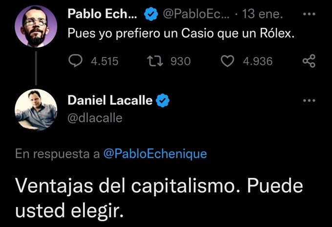 Mujolet's tweet image. Desventajas de capitalismo: solo el 1% puede elegir entre un Casio y un Rolex.