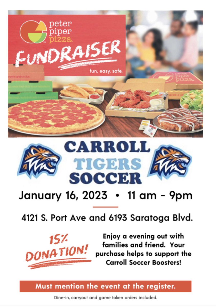 Brunch🍕Lunch🍕Dinner🍕Late Snack🍕Peter Piper Pizza🍕is the place!  Come out and SUPPORT 🐯Tiger ⚽️Soccer!!!!
MONDAY 1/16/22 from 11-9. Thank you!!!