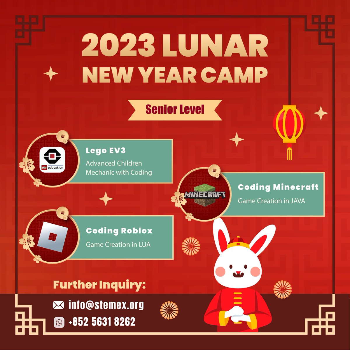 STEMexLtd's tweet image. 【農曆新年營】【精彩的新年活動!!】
• 適合7-15歲的小朋友參與
• 學習課外的編程知識
• 享受STEM嘅樂趣
#LegoEV3
#CodingRoblox
#CodingMinecraft
聯絡我哋 Whatsapp +852 5631 8262 報名啦。
#仲有更多有趣的新年活動